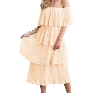 Off the shoulder, ruffled, pleated midi dress in beige, size medium